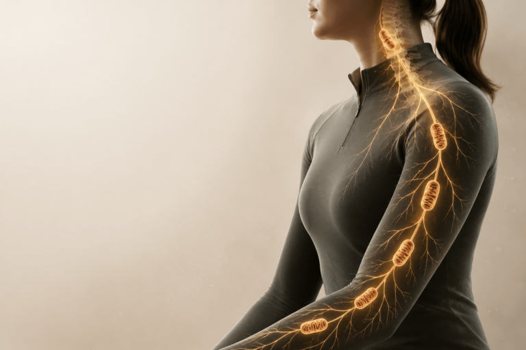 Satellite glial cells transferring mitochondria to a sensory neuron, illustrating mitochondrial support, nerve health, and cellular resilience for Mitozz by FMG Health Sciences.