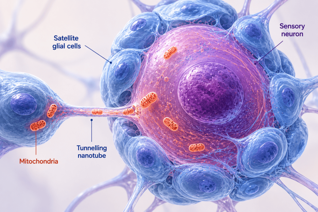 Scientific illustration of satellite glial cells surrounding a sensory neuron and transferring mitochondria through a tunnelling nanotube, representing nerve cell support and mitochondrial health for Mitozz by FMG Health Sciences.