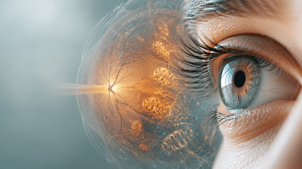 Photorealistic scientific image of the human eye and retina with a subtle mitochondrial energy motif, representing visual resilience, Mitozz, FMG Health Sciences, and (-)-epicatechin.