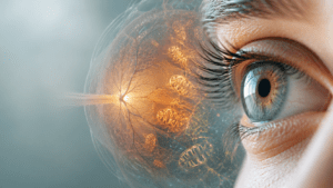 Photorealistic scientific image of the human eye and retina with a subtle mitochondrial energy motif, representing visual resilience, Mitozz, FMG Health Sciences, and (-)-epicatechin.