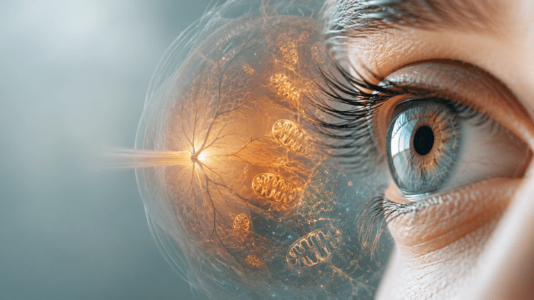 Photorealistic scientific image of the human eye and retina with a subtle mitochondrial energy motif, representing visual resilience, Mitozz, FMG Health Sciences, and (-)-epicatechin.