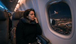 A traveler suffering from jet lag looking out the window of a long-haul flight at night over city lights, illustrating the impact of travel and sleep debt on cellular energy. FMG Health Sciences