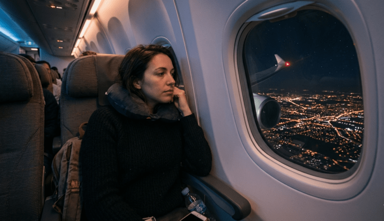 A traveler suffering from jet lag looking out the window of a long-haul flight at night over city lights, illustrating the impact of travel and sleep debt on cellular energy. FMG Health Sciences