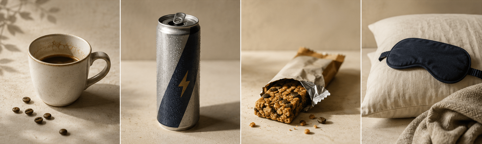 Four-panel editorial image showing coffee, an unbranded energy drink, a snack bar, and a pillow with an eye mask as common attempts to get through an energy crash.