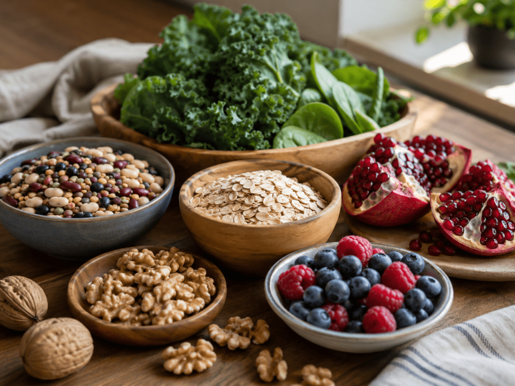Bowls of oats, mixed beans, walnuts, berries, pomegranate, and leafy greens arranged on a warm wooden table.