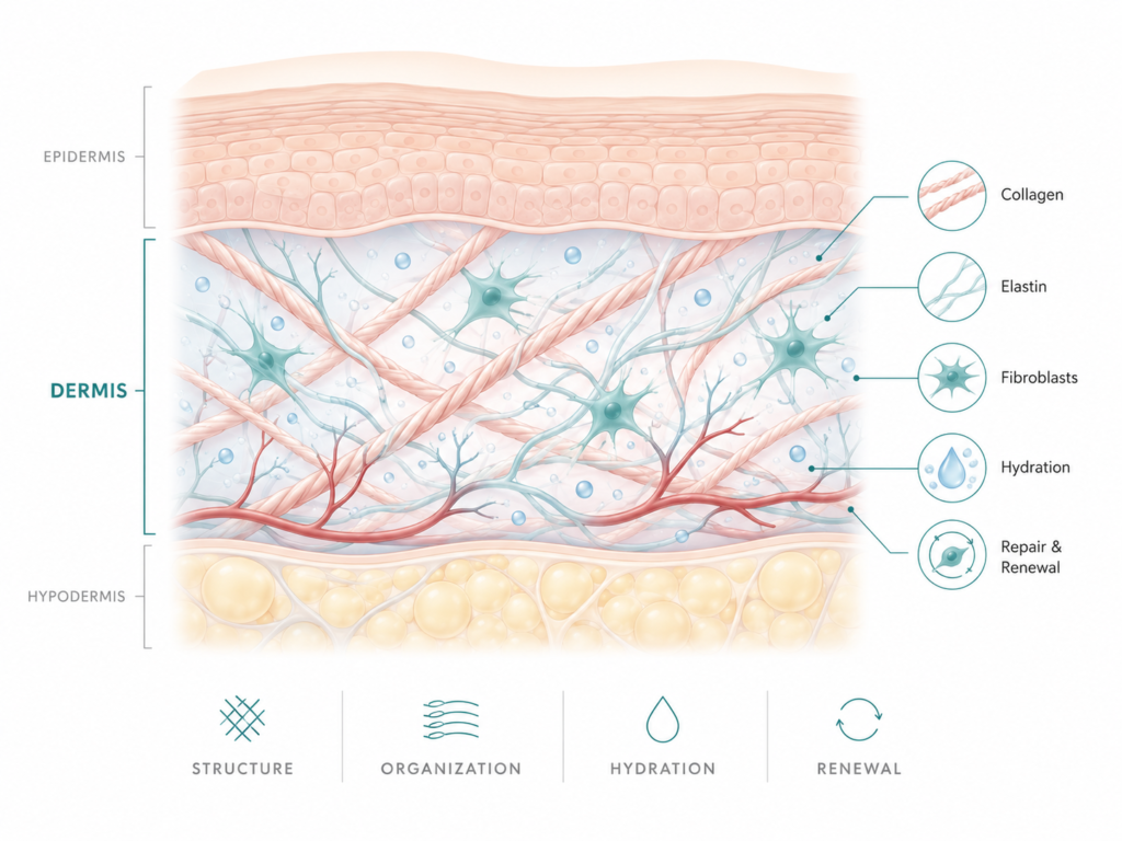 Illustration of the dermis showing collagen, elastin, fibroblasts, hydration, and repair structures that support skin firmness.