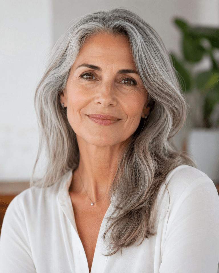 Healthy older woman with gray hair looking at the camera in soft natural light, Mitozz RS.