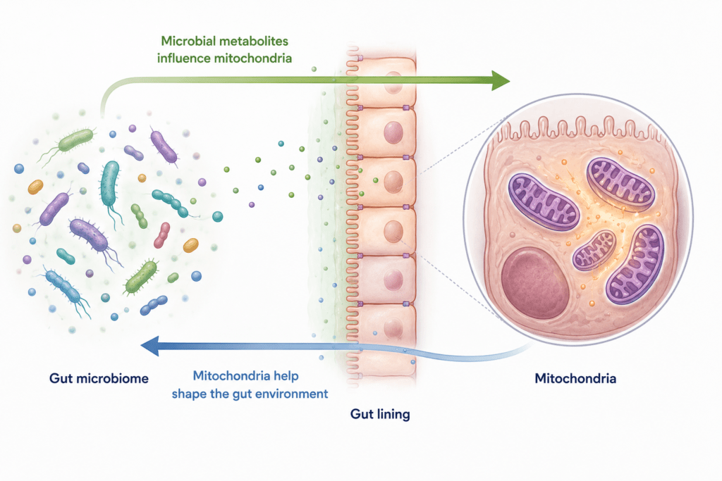 Diagram showing how microbial metabolites move from the gut microbiome through the gut lining to influence mitochondria, while mitochondrial activity helps shape the gut environment.