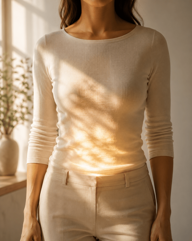 Woman standing in soft filtered sunlight, with light highlighting her abdominal area to represent the connection between the gut microbiome and mitochondrial energy.