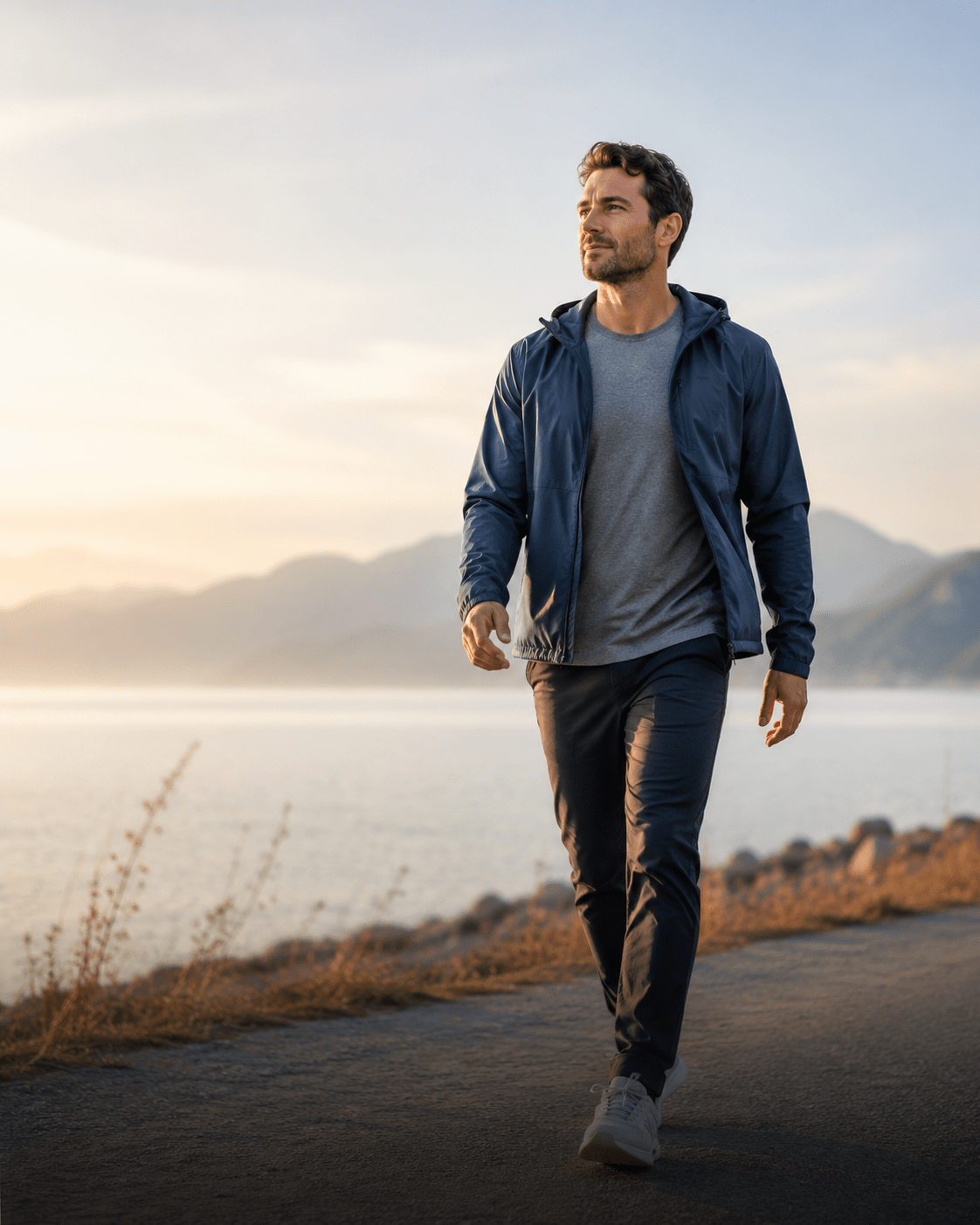 Man walking beside a lake in soft morning light, representing steady daily energy and vitality.