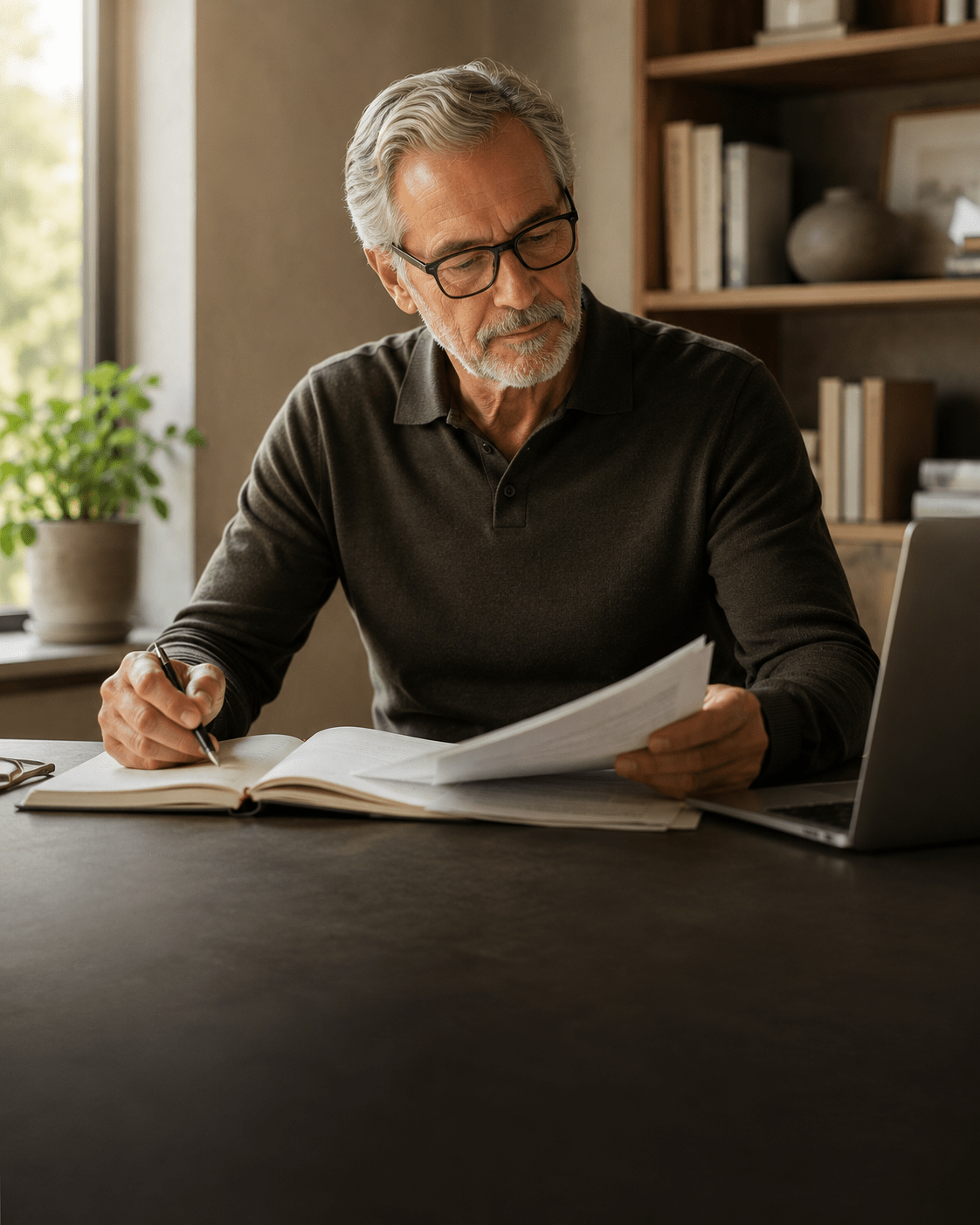 Older man reviewing notes at a desk in a sunlit home office, representing healthy aging, focus, and sustained daily capability.