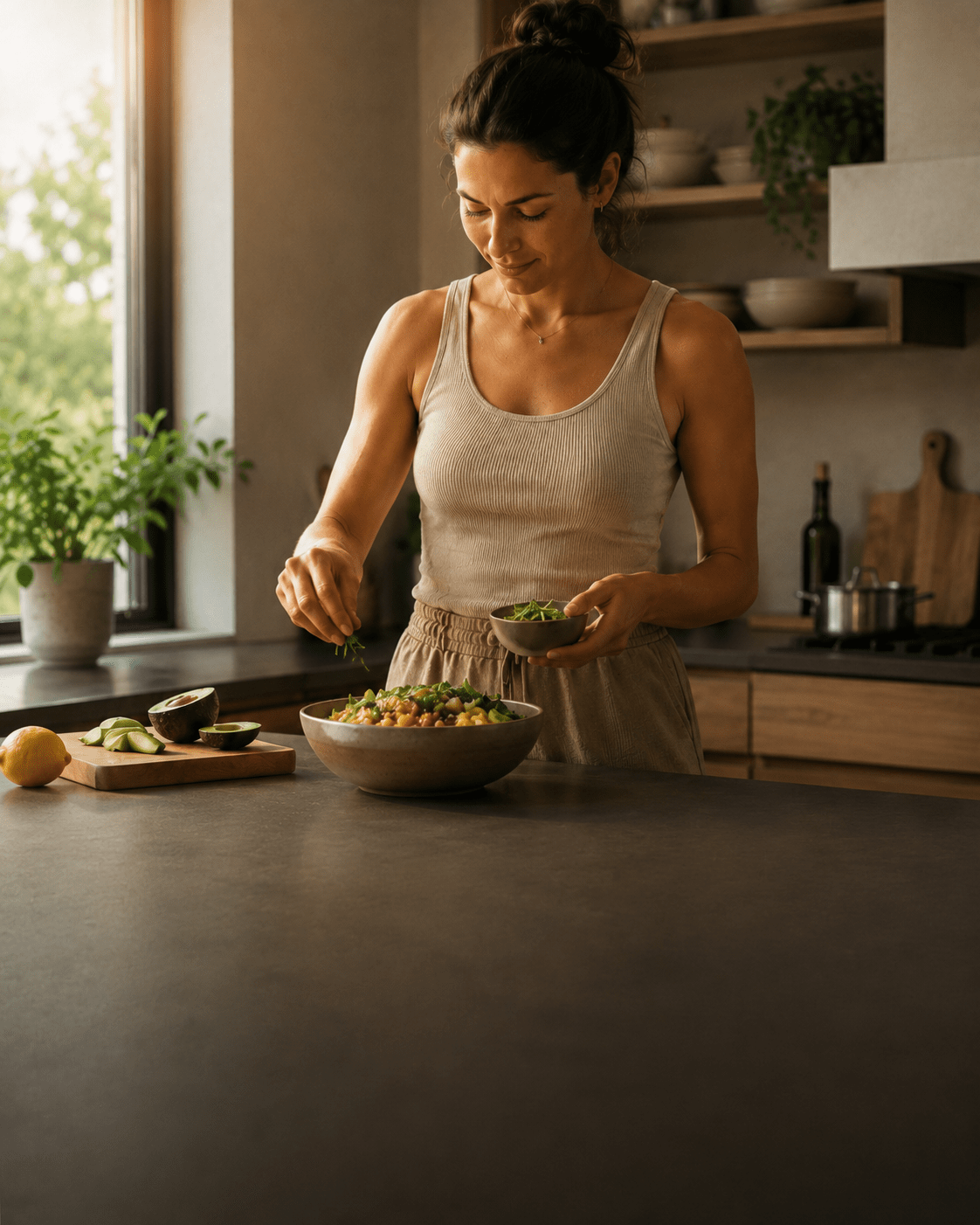 Woman preparing a balanced meal in a sunlit kitchen, representing how the body turns fuel into usable energy.
