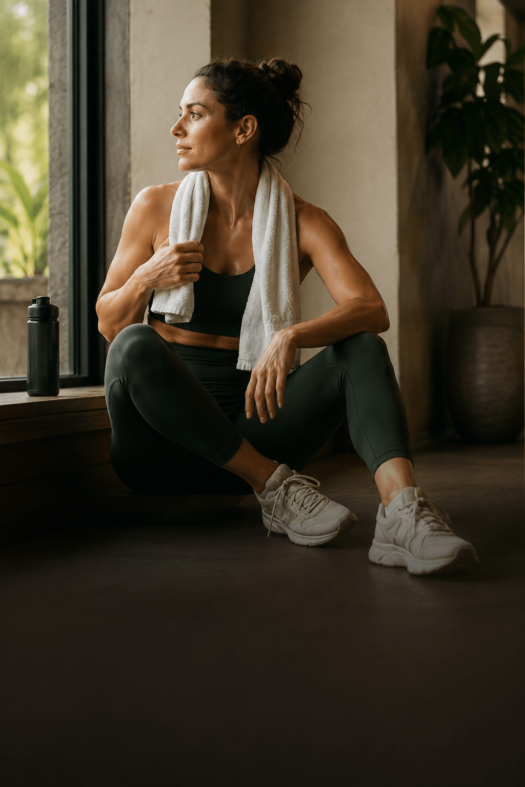 Person resting after a workout in a calm setting, representing resilience, recovery, and the ability to meet daily demands.