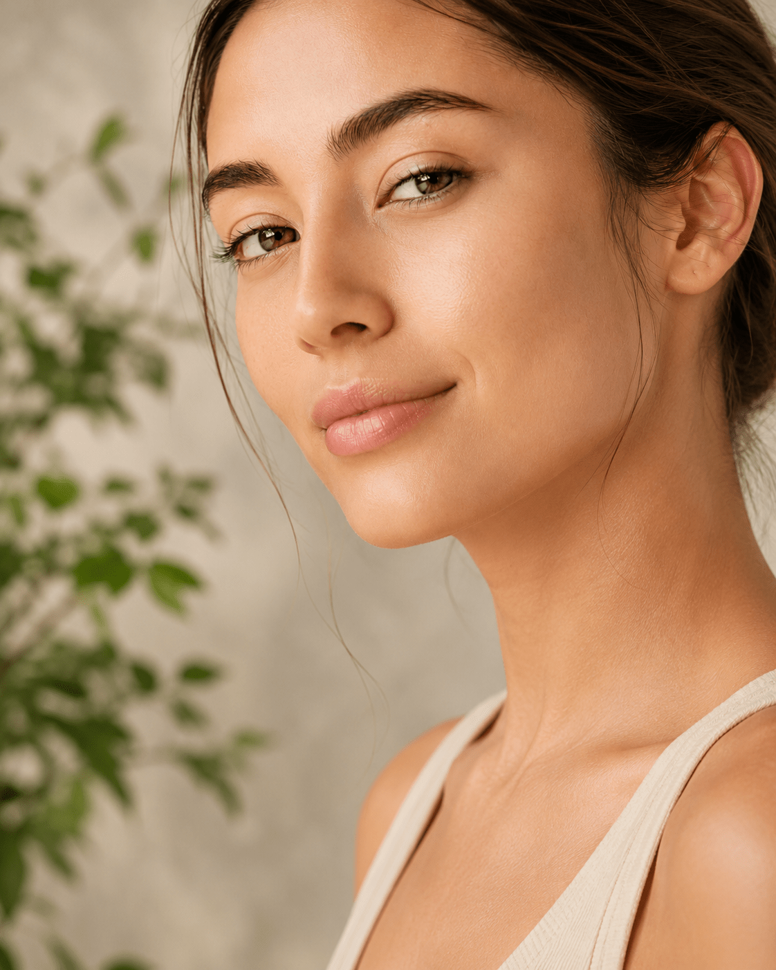 Close-up of a woman with balanced-looking skin tone in soft natural light.