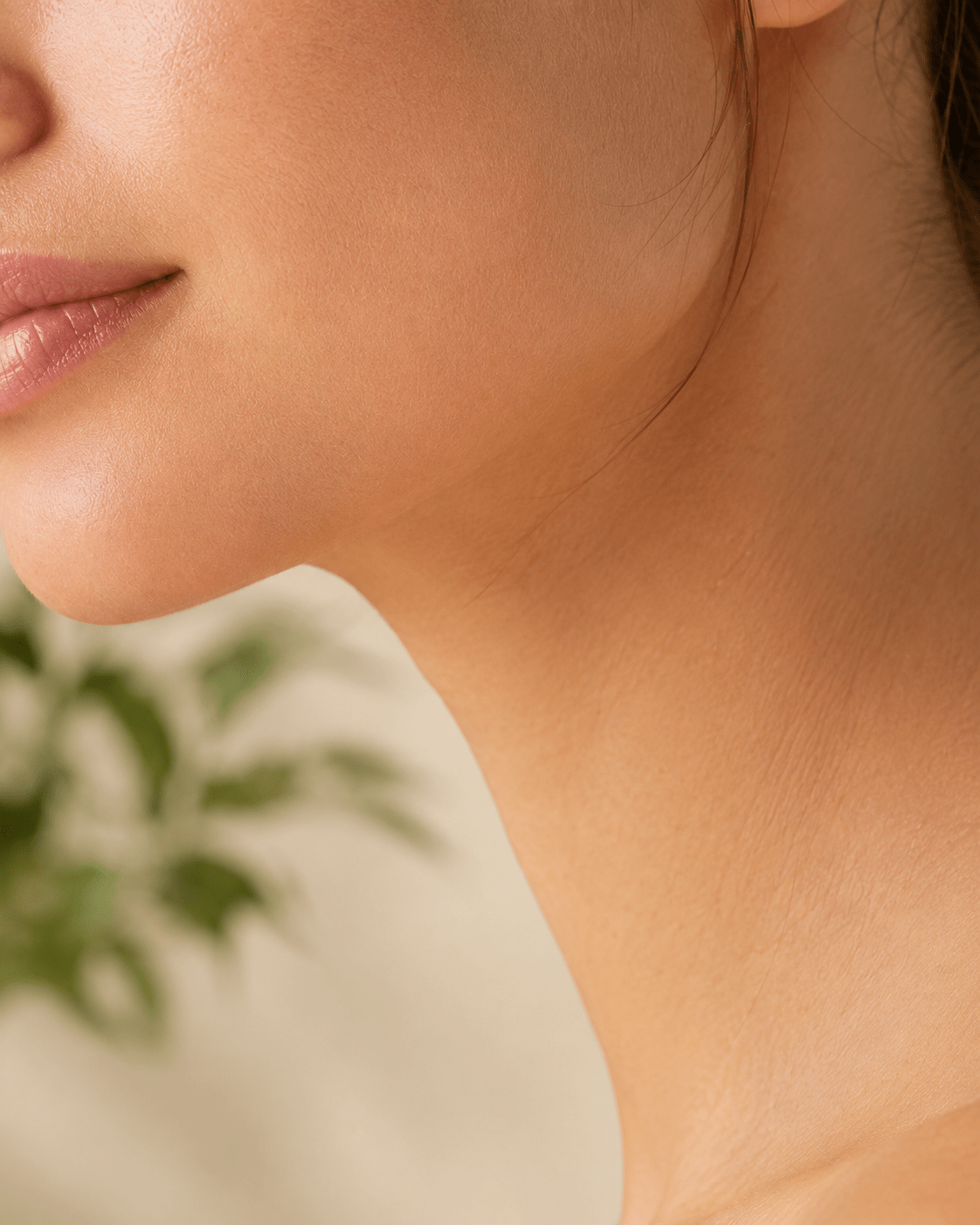 Close-up of cheek and jaw skin texture in warm natural light.