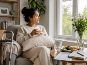 Person recovering at home after surgery, seated near a window with water, nutritious food, recovery instructions, and a notebook nearby.
