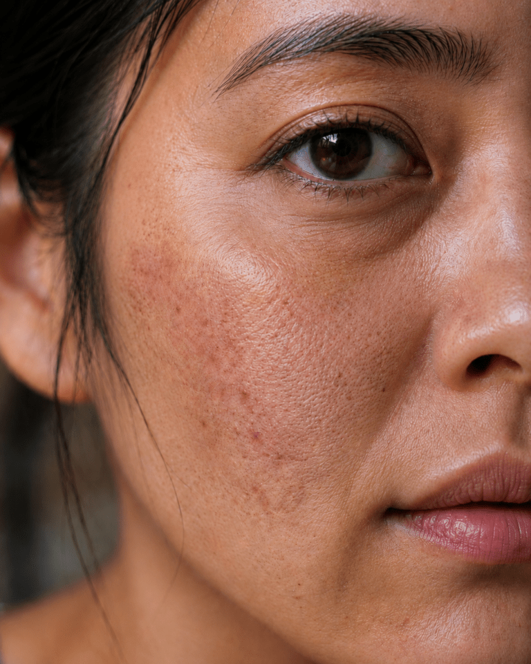 Close-up photorealistic portrait showing uneven skin tone, mild redness, and visible texture on the cheek of a young woman.