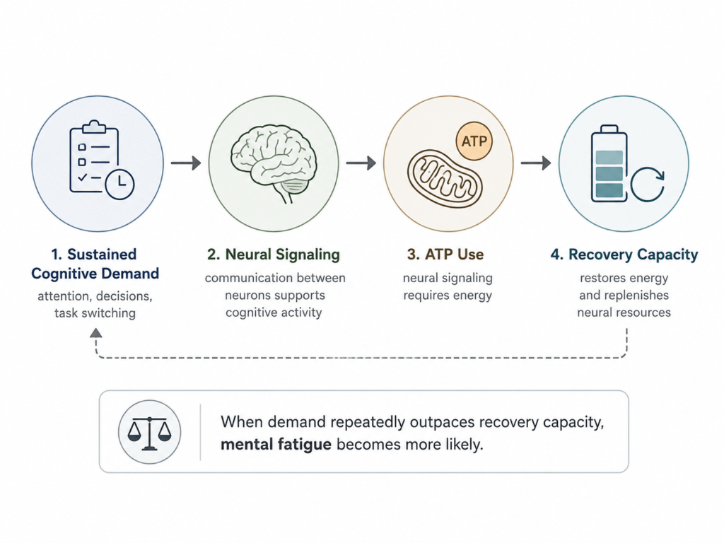 Diagram showing how sustained cognitive demand relates to neural energy use and recovery