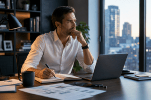 Alt text Professional pausing after a mentally demanding workday