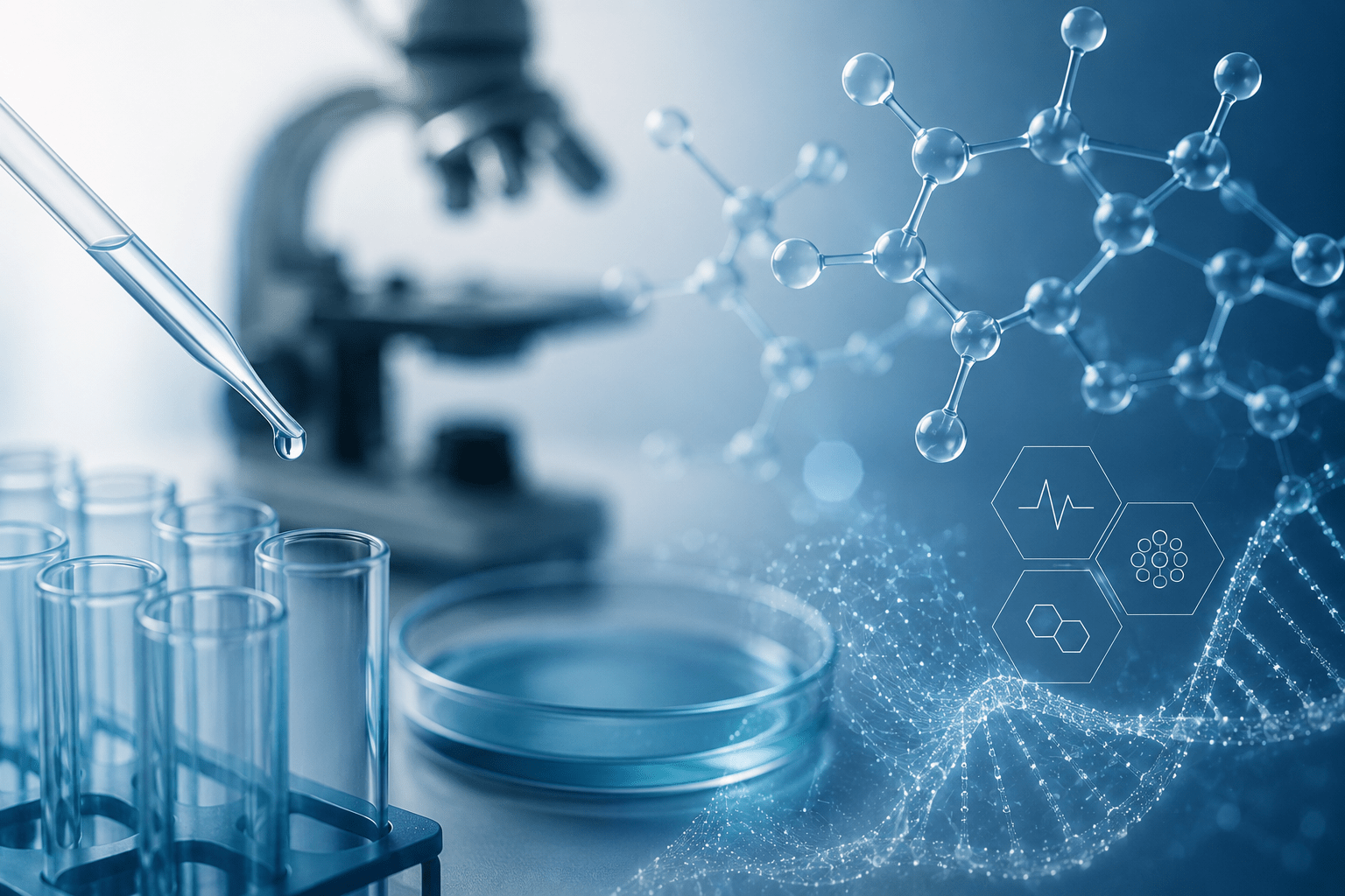 Laboratory research with a pipette, test tubes, molecular structures, and DNA imagery representing the FMG Pharma Pipeline