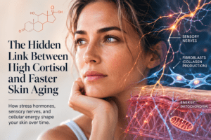 High cortisol and skin aging illustrated through stress hormones, sensory nerves, fibroblasts, collagen, and mitochondrial energy.