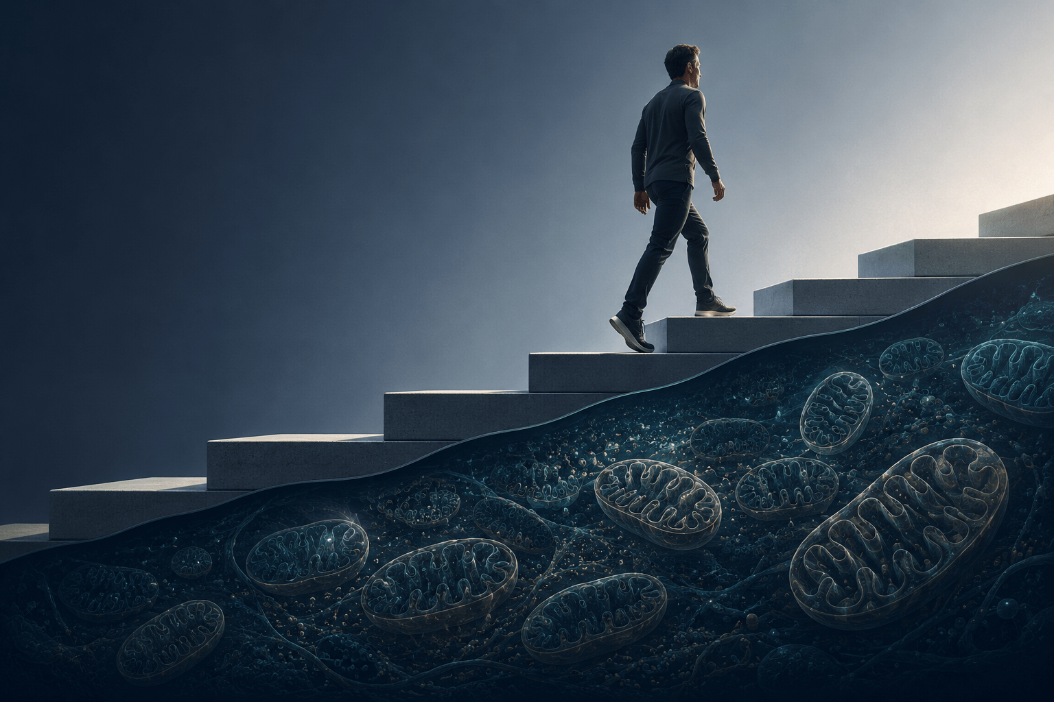 Conceptual illustration of a person climbing stairs above a hidden layer of mitochondria, representing biological capacity as the foundation of visible human movement and function.