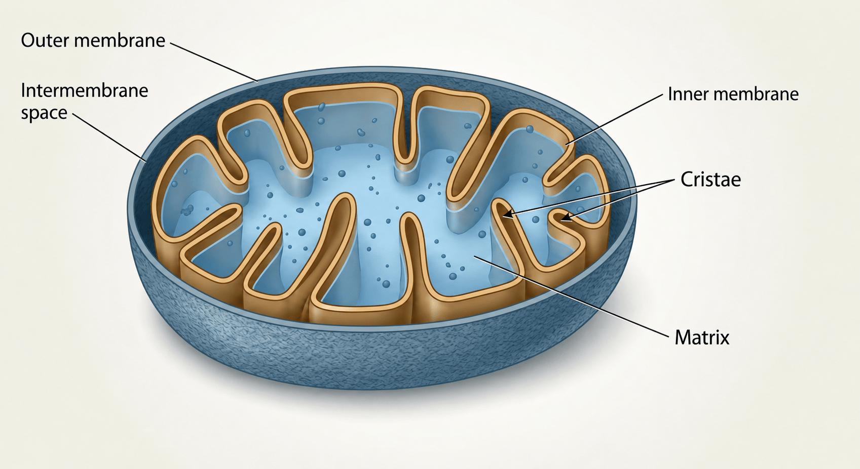 Labeled cross-section of a mitochondrion showing the outer membrane, intermembrane space, inner membrane, cristae, and matrix