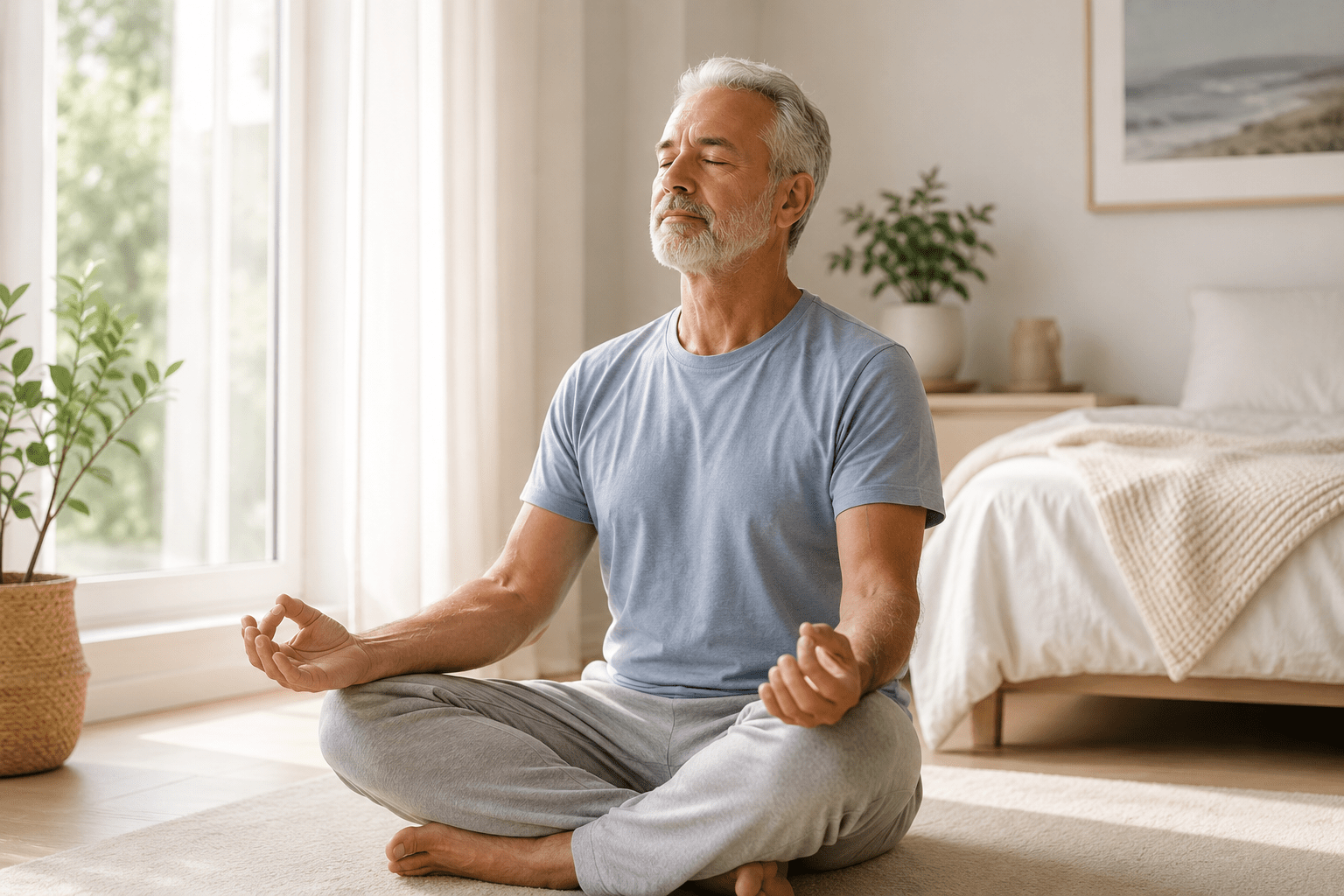 Un homme d'un certain âge pratique la méditation dans une chambre lumineuse, dans le cadre d'un programme de gestion du stress et de récupération.