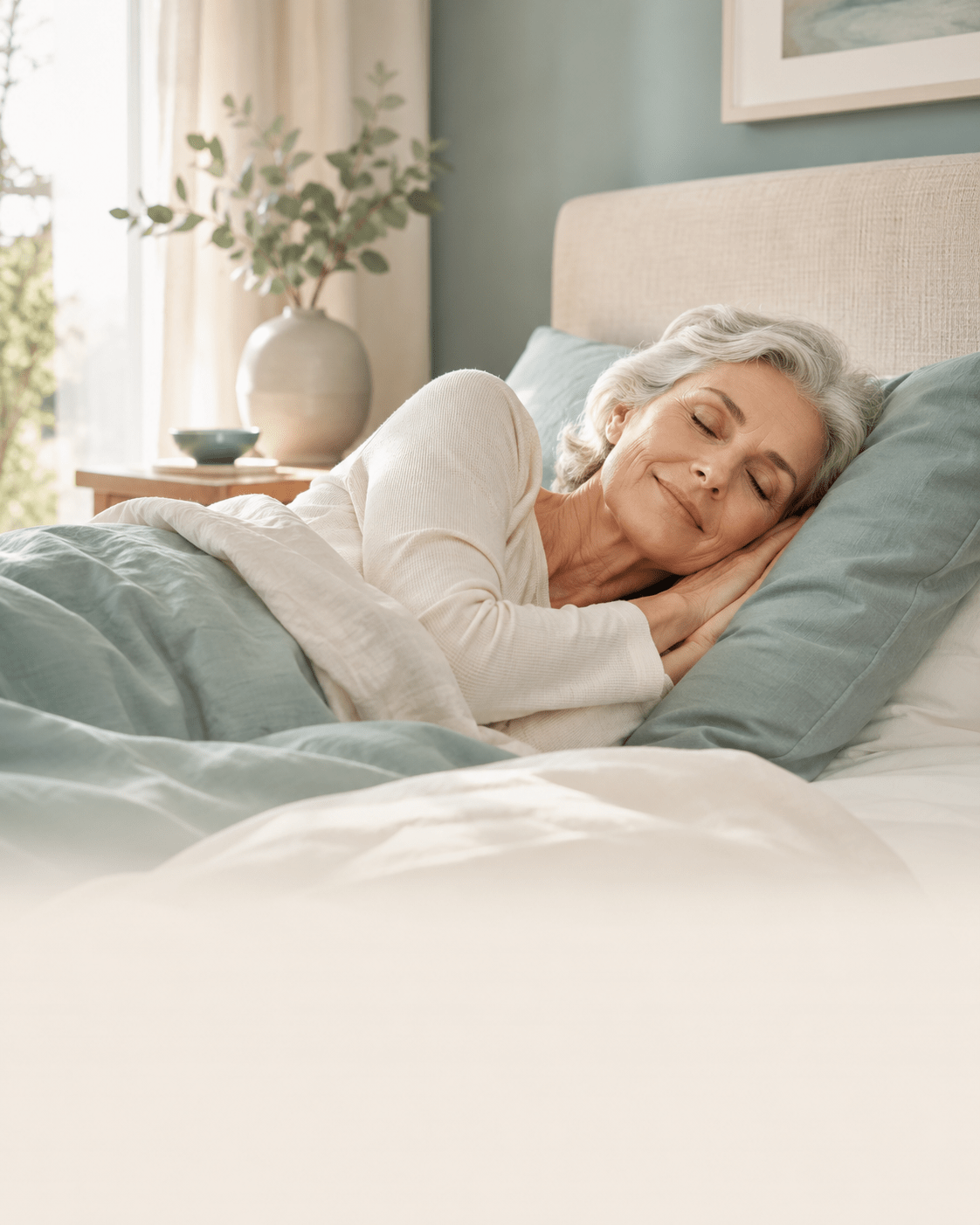 Une femme d'un certain âge dormant paisiblement dans une chambre lumineuse, propice au repos, à la récupération et à la santé mitochondriale.