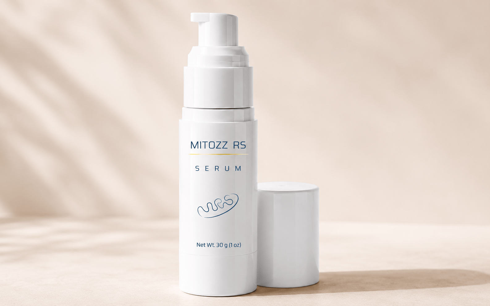 Mitozz RS topical cosmetic serum bottle with pump and cap on a softly lit cream background
