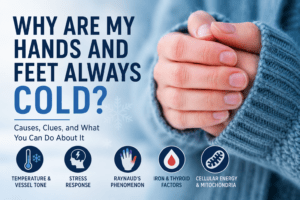 old hands wrapped in a sweater beside the title “Why Are My Hands and Feet Always Cold?” with icons for circulation, stress, Raynaud’s, iron, thyroid, and cellular energy.