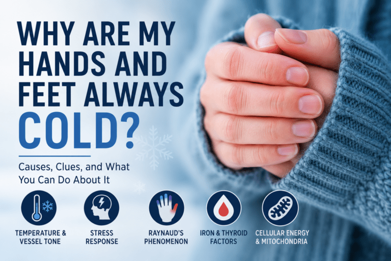 old hands wrapped in a sweater beside the title “Why Are My Hands and Feet Always Cold?” with icons for circulation, stress, Raynaud’s, iron, thyroid, and cellular energy.