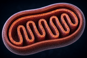Mitochondrion with cardiolipin highlighted along the curved inner membrane and cristae.