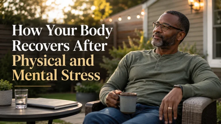 Middle-aged Black man relaxing in his backyard after a demanding day, illustrating recovery after physical and mental stress
