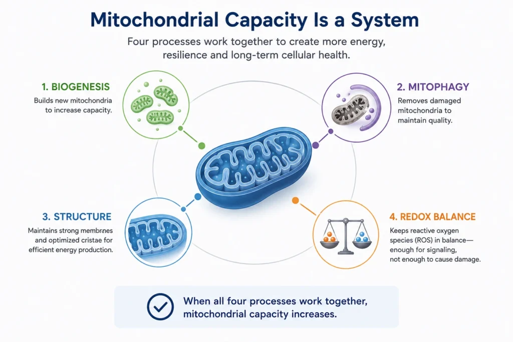 Mitochondrial capacity supported by biogenesis, mitophagy, mitochondrial structure, and redox balance