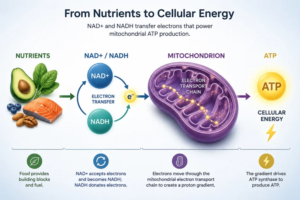 NAD+ and NADH transferring electrons to mitochondria to support ATP production and cellular energy