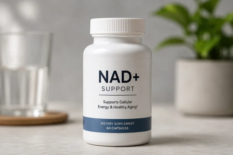 Generic NAD+ support supplement bottle representing NAD and mitochondrial energy metabolism