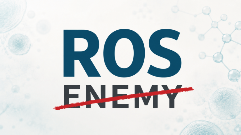 Large ROS text above the word ENEMY crossed out in red, illustrating that reactive oxygen species are not always harmful.
