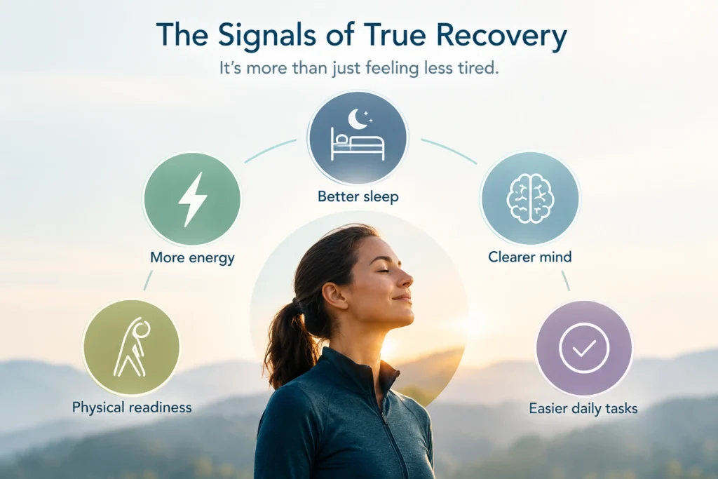 Five signs of true recovery including better sleep, more energy, mental clarity, physical readiness, and easier daily tasks