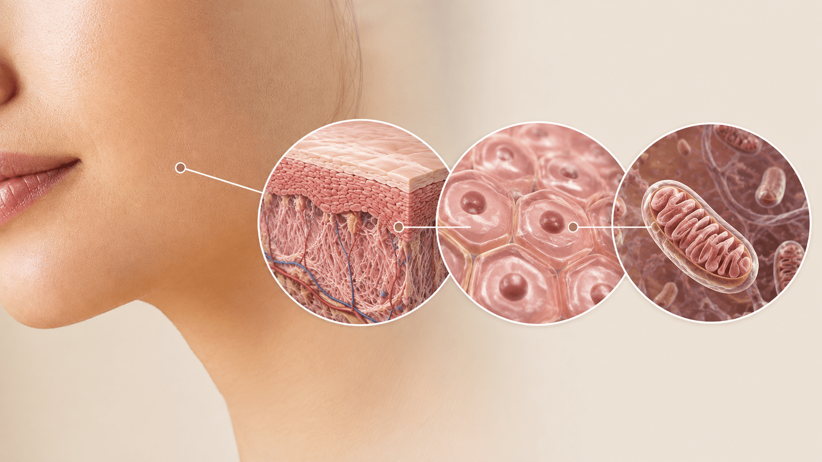 Progressive magnification from facial skin to skin layers, skin cells, and mitochondria inside the cell.