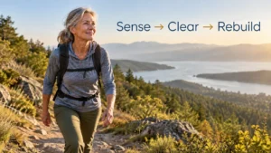 Healthy older woman hiking outdoors, representing mitochondrial quality control, cellular energy, and healthy aging.