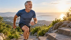 Active older man exercising outdoors, representing muscle aging and mitochondrial capacity