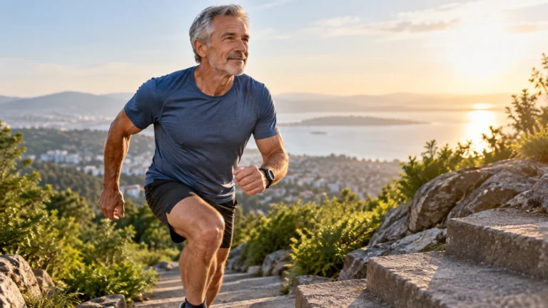 Active older man exercising outdoors, representing muscle aging and mitochondrial capacity