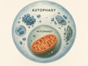Scientific illustration of cellular recycling with mitochondria and other cell components.