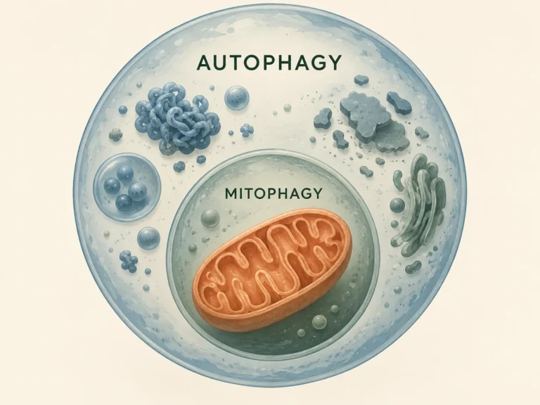 Scientific illustration of cellular recycling with mitochondria and other cell components.