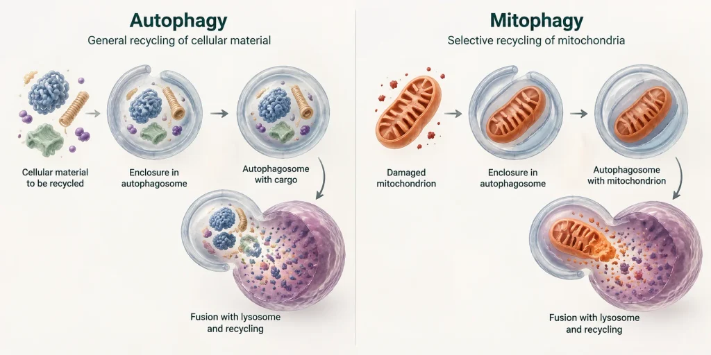 A simple two-panel comparison showing broad cellular recycling on one side and targeted mitochondrial recycling on the other.