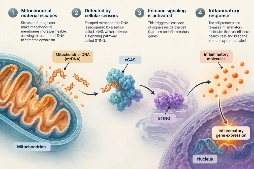 Scientific illustration showing mitochondrial DNA escaping into the cytoplasm, activating the cGAS-STING pathway and triggering inflammatory signaling.