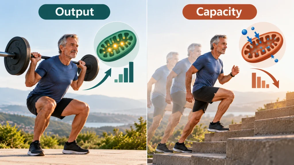 Infographic comparing muscle output with capacity to handle repeated stress and recover during aging