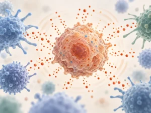 Illustration of a senescent cell releasing inflammatory signaling molecules that influence surrounding immune cells.